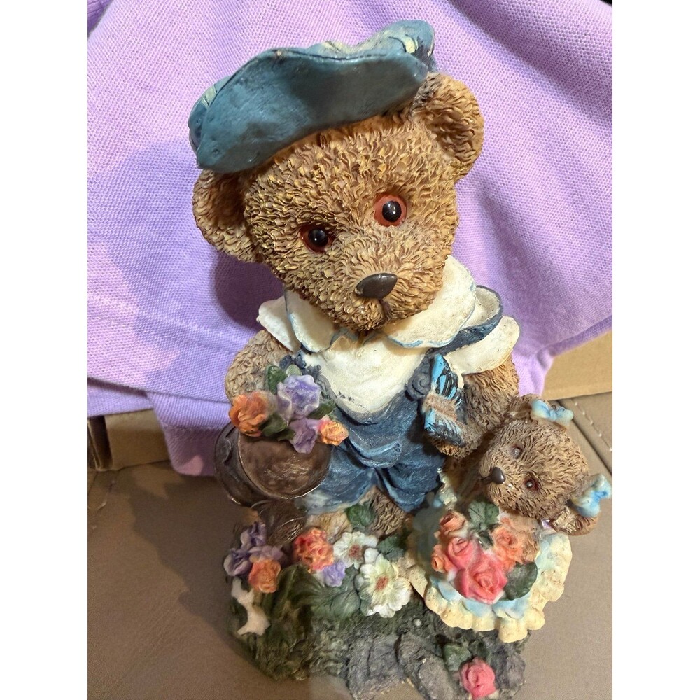 Vintage Teddy Bear Figurine with Flowers